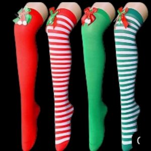 Festive Red and Green Striped SEXY Over-the-Knee Socks